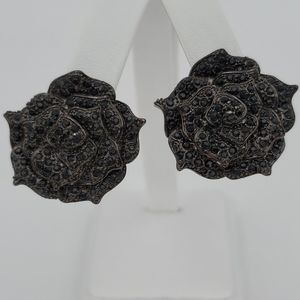 MX Japanned Black Rhinestone Flower Earrings